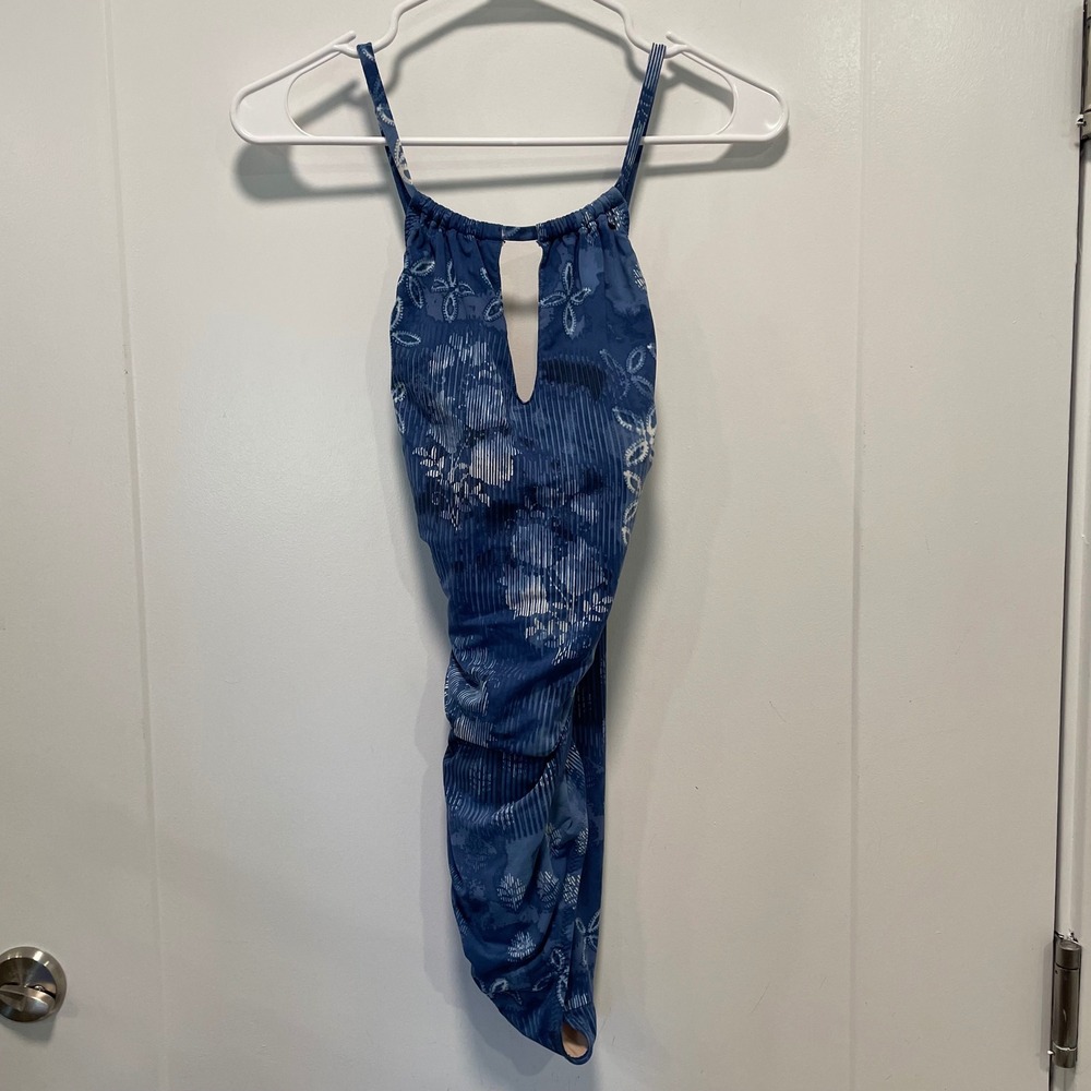 Garnet Hill Blue Batik Floral Ruched One Piece Swimsuit Keyhole Neck Size 6